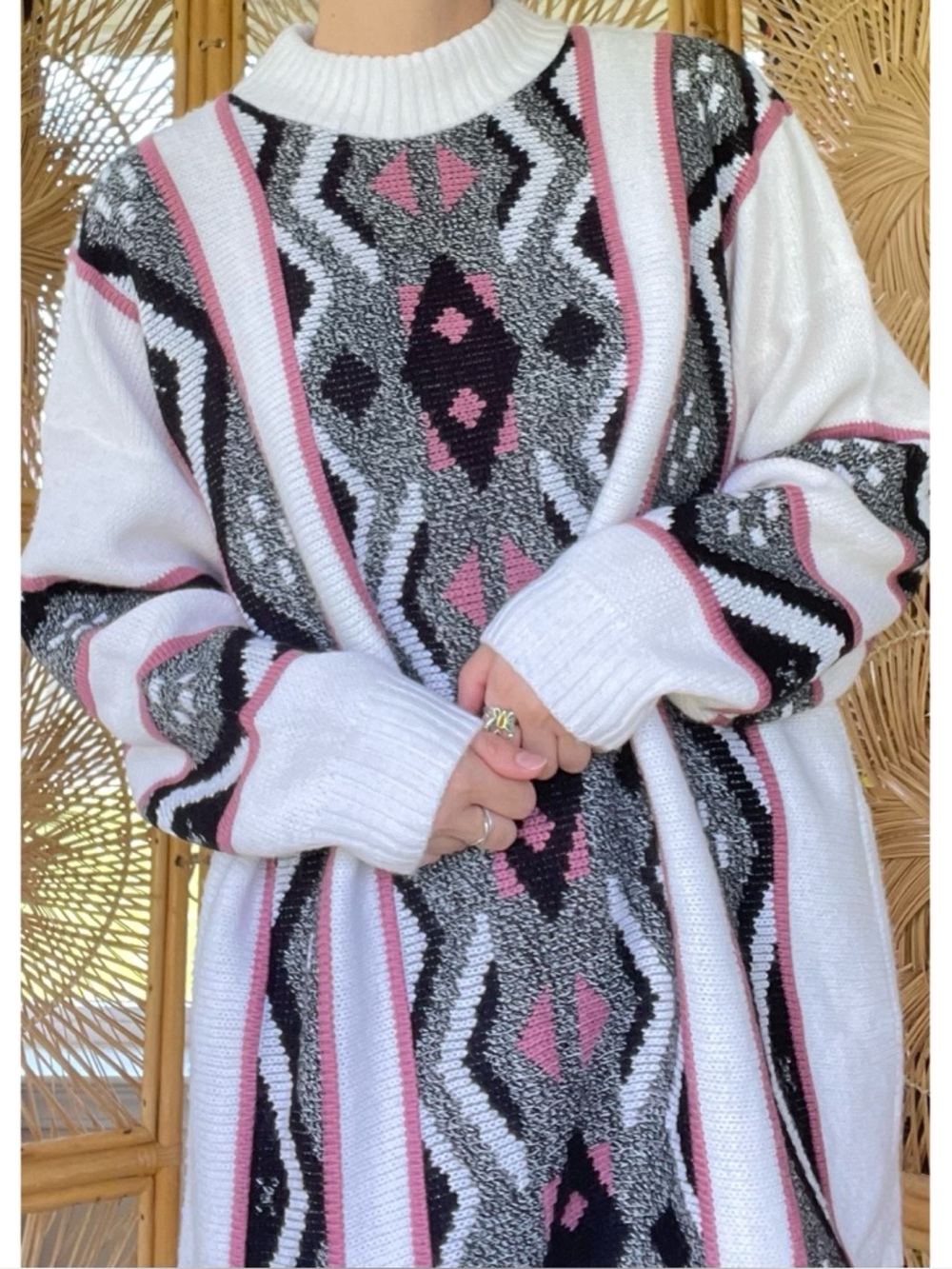 Vintage Private Eyes Adele Knit Chunky Mock Neck Long Sweater Aztec Geometric